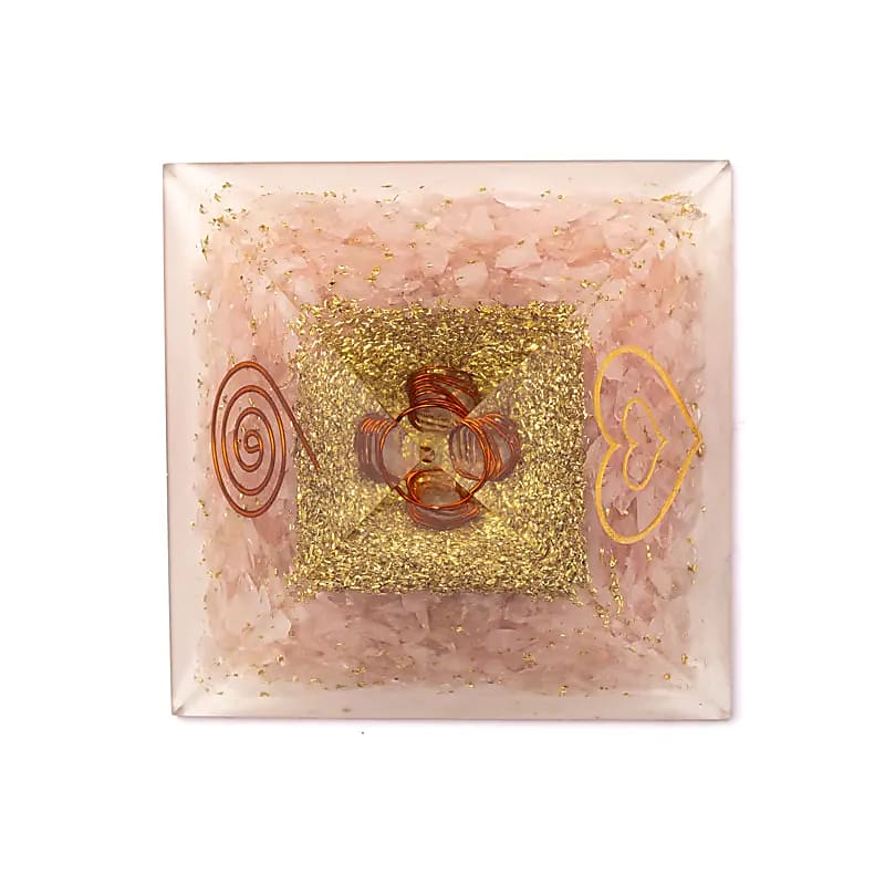 Orgoniet piramide rozenkwarts met hart 7 cm
