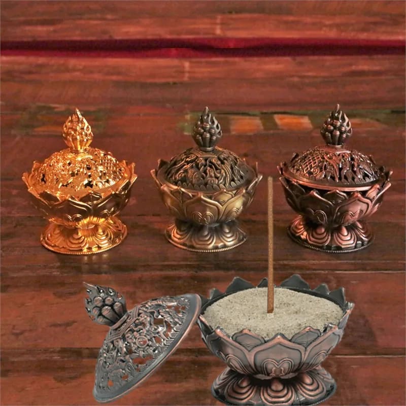 Wierookbrander Lotus | Koperkleurig met Tibetaanse Symbolen | Amstercharmed