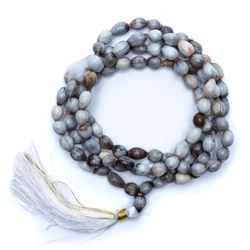 Mala Vaijayanti seeds 108 beads with white tassel + pouch