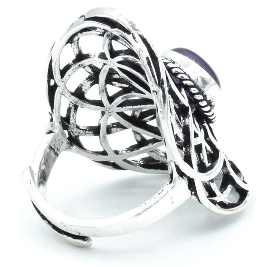 Ring seed of life met amethist zilverkleur