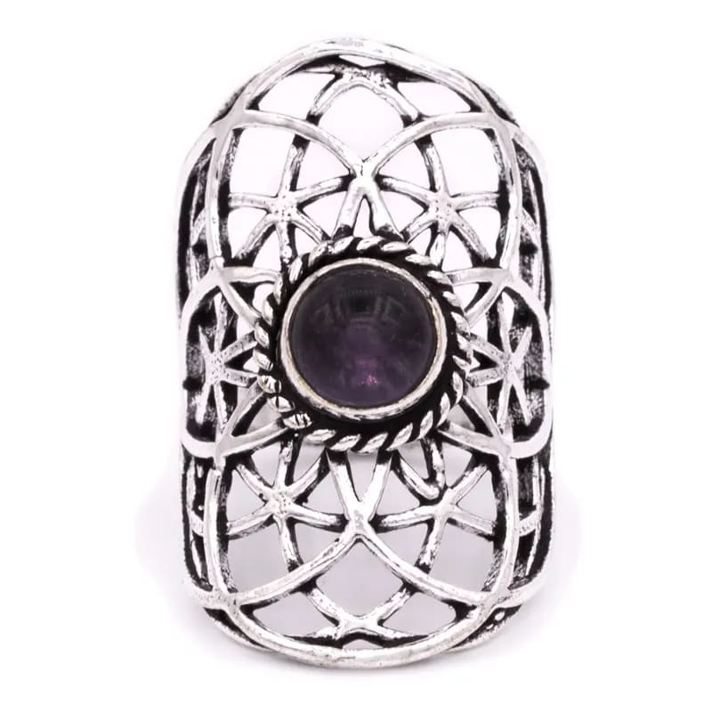 Ring seed of life met amethist zilverkleur