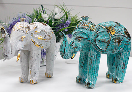 Hout Gesneden Olifant - Wit & Goud - 8 x 27 x 24cm