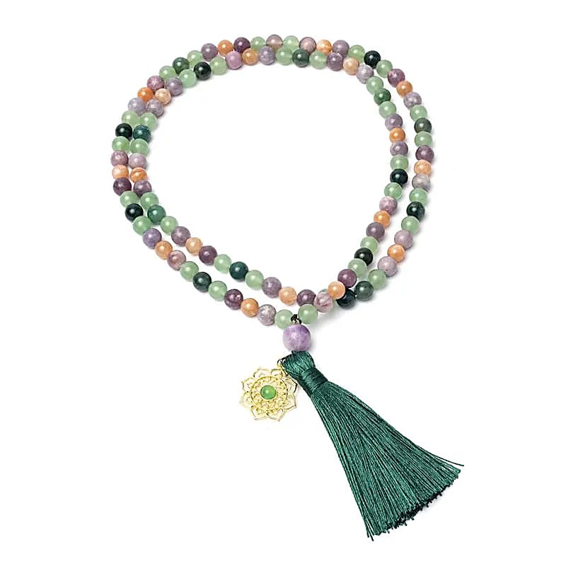 Mala moss agate, green aventurine, lepidolite, sunstone & mandala pendant