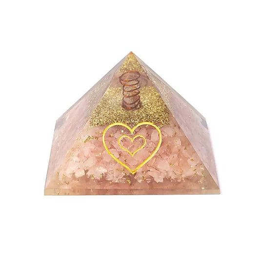 Orgoniet piramide rozenkwarts met hart 7 cm
