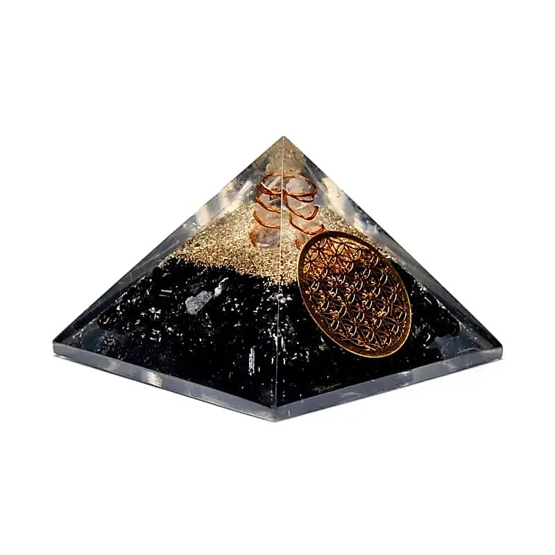 Orgoniet Piramide Zwarte Toermalijn | Bloem des Levens & Bergkristal | 7cm