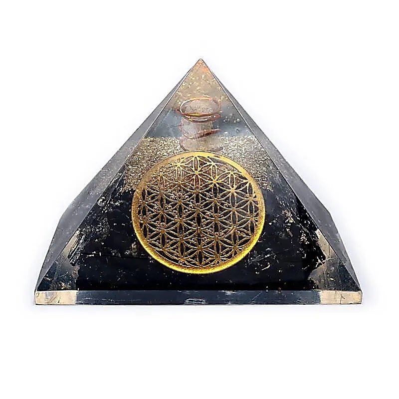 Orgoniet Piramide Zwarte Toermalijn | Bloem des Levens & Bergkristal | 7cm