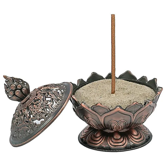 Incense Burner Lotus | Copper-colored with Tibetan Symbols | Amstercharmed