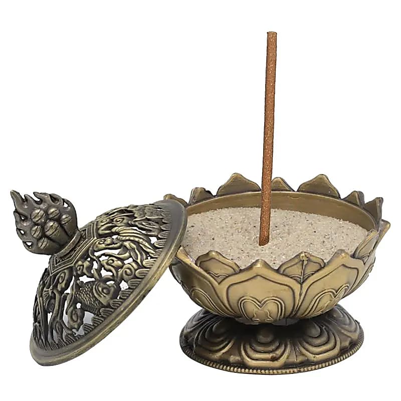 Wierookbrander Lotus | Bronskleurig met Tibetaanse Symbolen | Amstercharmed