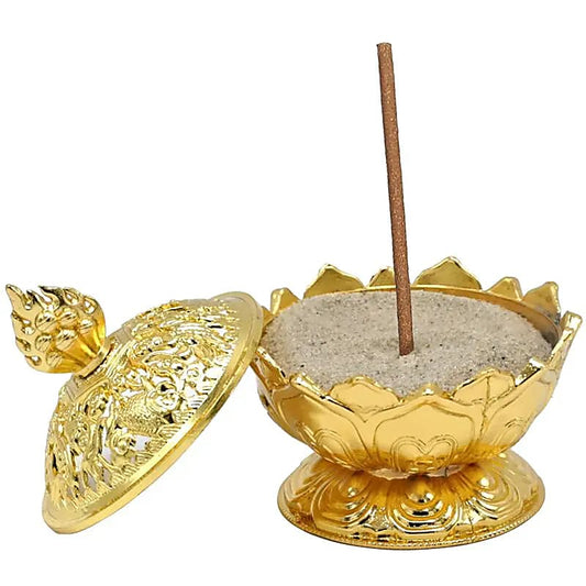 Incense Burner Lotus | Gold-colored with Tibetan Symbols | Amstercharmed