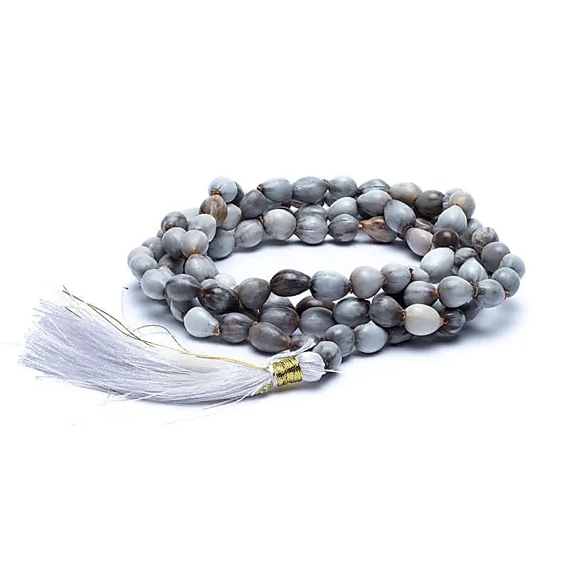 Mala Vaijayanti seeds 108 beads with white tassel + pouch