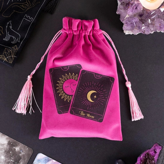 Pink velvet drawstring bag for tarot cards