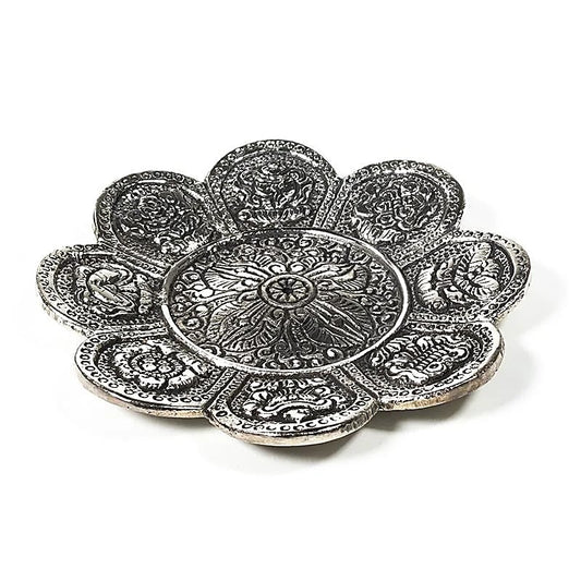 Incense Holder 8 Buddhist Symbols of Good Fortune | Silver colored | Amstercharmed