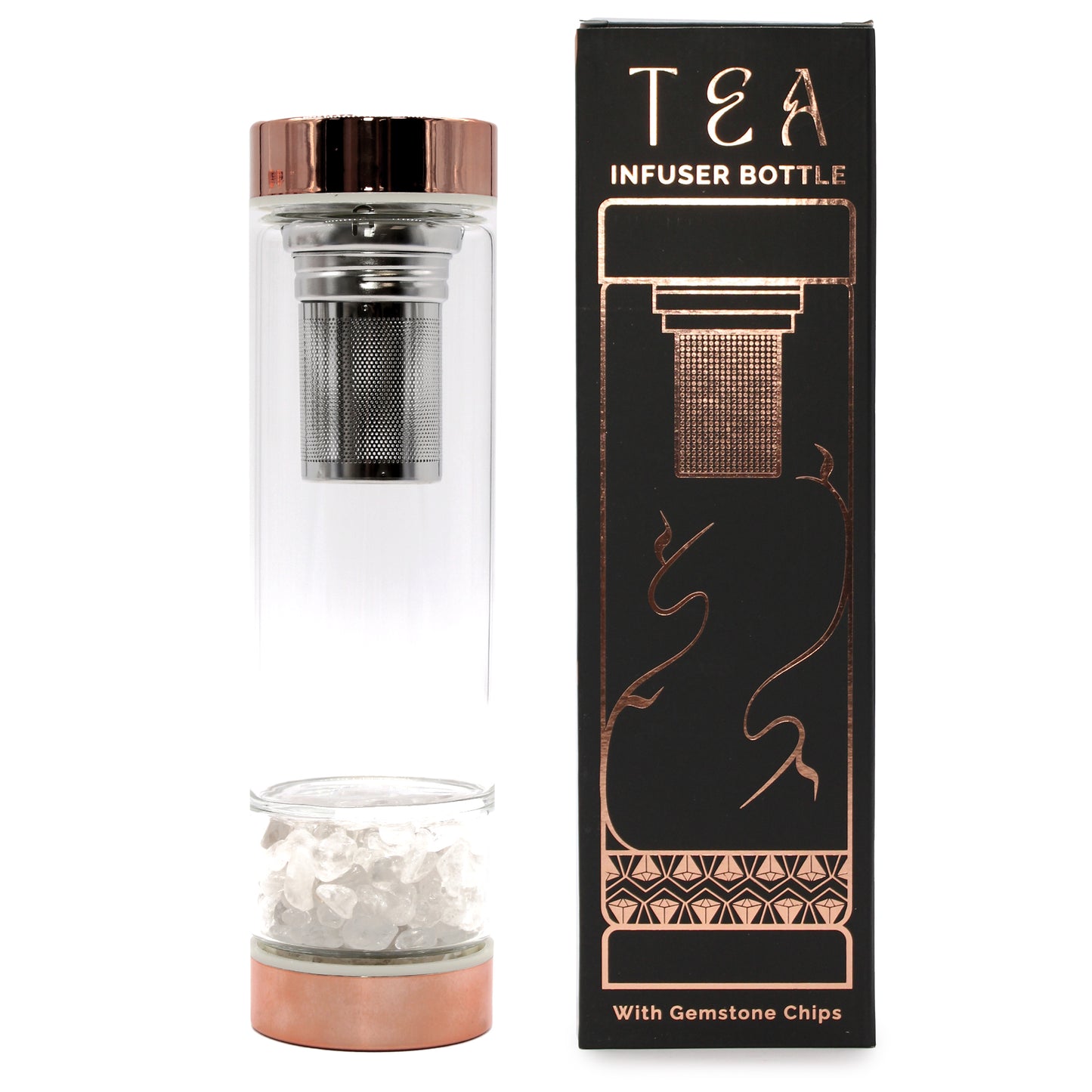 Crystal Glass Tea Infuser Bottle - Rose Gold - Rock Quartz - Clear Quartz