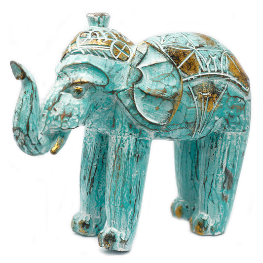 Hout Gesneden Olifant - Turkoois & Goud - 8 x 27 x 24cm