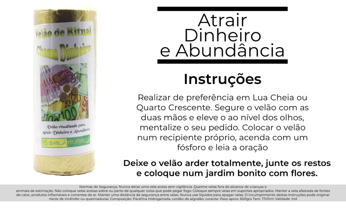 Velão Ritual Chama Dinheiro – Rituele Kaars om Geld aan te Trekken 17x7cm