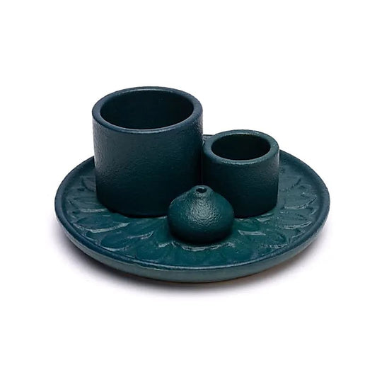 Ceramic Smudge & Incense Burner | Floral Motif | Petrol Green