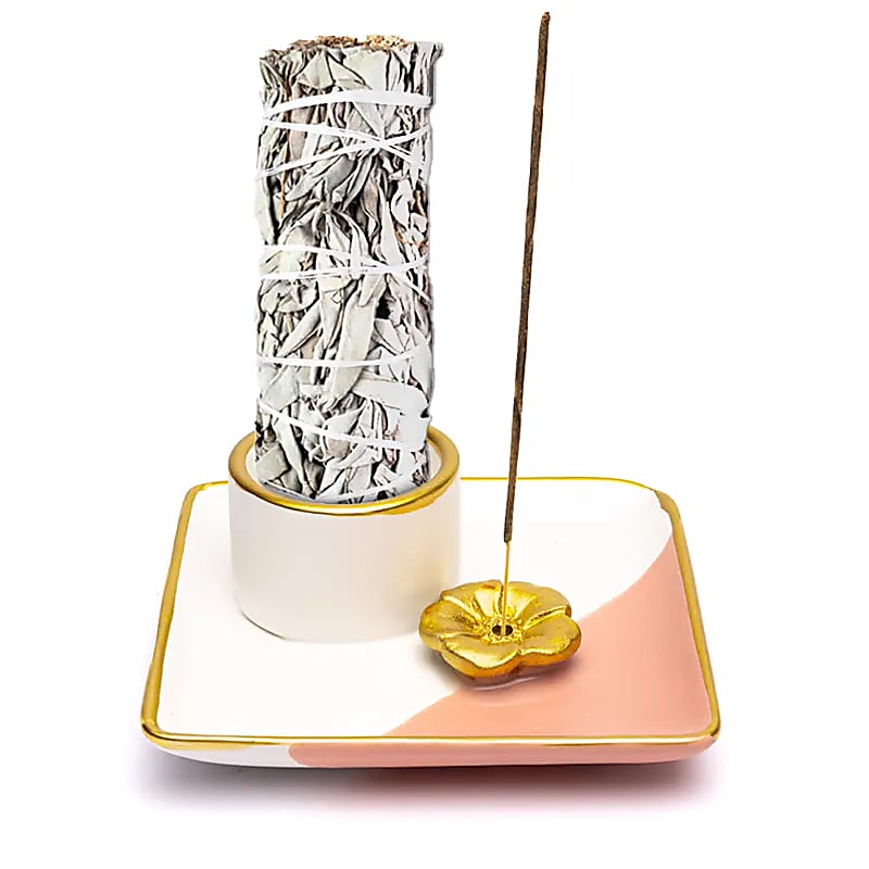 Keramische Smudge & Wierookbrander | Bloem | Roze, Wit & Goud
