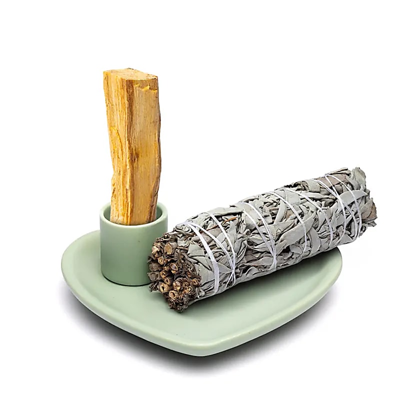 Ceramic smudge bowl and palo santo burner heart shape pastel green
