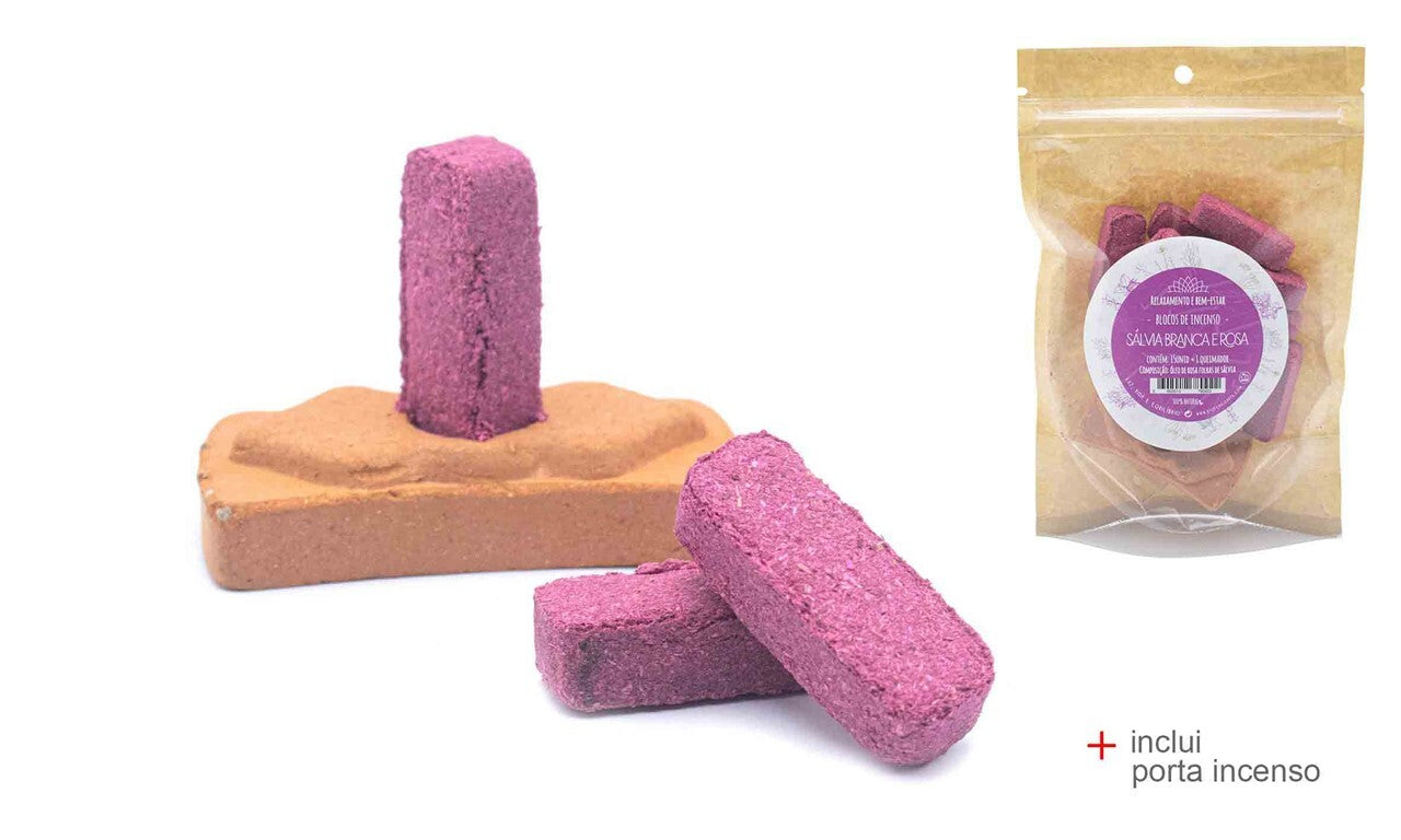 Witte & Roze Salieblokken met Wierookhouder – Sálvia Branca e Rosa 3 stuks