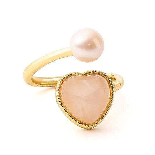 Verstelbare Ring met Parel & Rozenkwarts Hart | Goudkleur