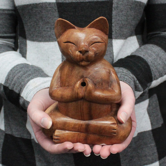 Houten gesneden wierookbranders - Large Yoga Kat